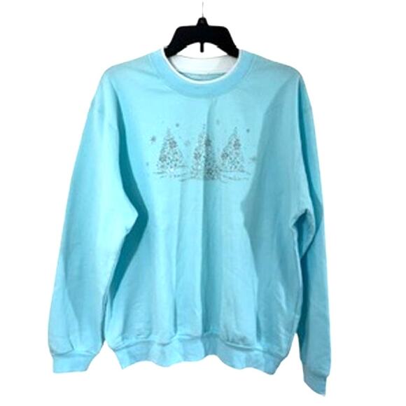 Baby Blue Christmas Sweatshirt,NEW,Beautiful, Sparkly, Bling, Tress, Pastels,L? - Picture 2 of 6